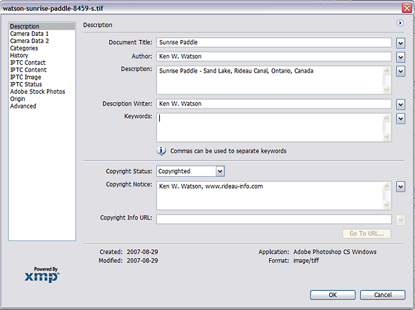 Adobe XMP data entry dialog box