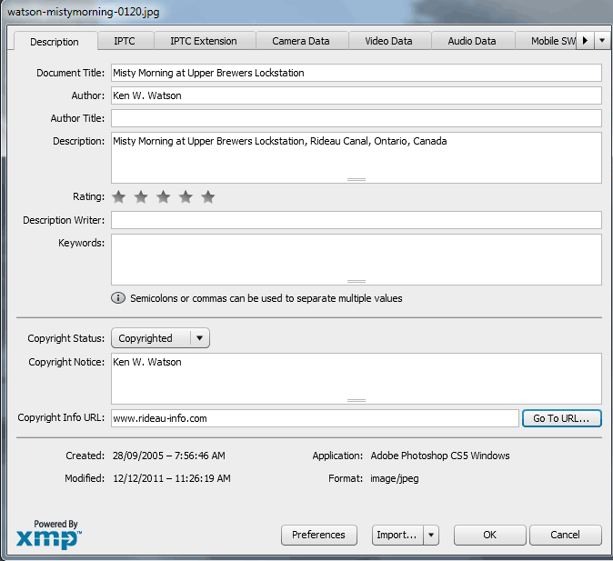 Adobe XMP data entry dialog box