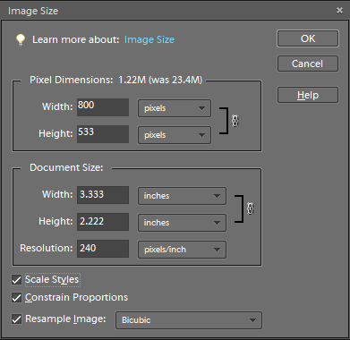 Adobe - image size dialog box - resample image